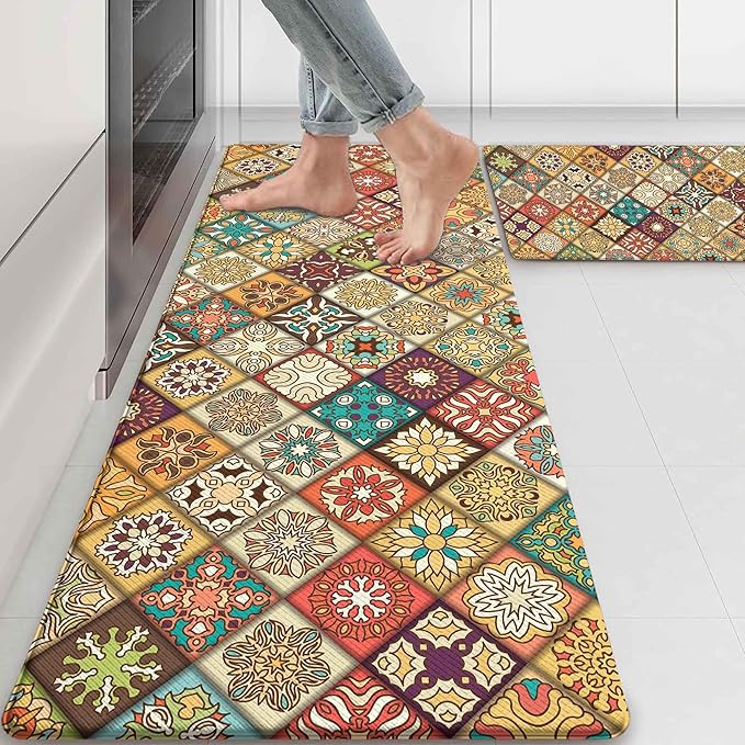 Boho Kitchen Rug Mats for Floor Cushioned Anti Fatigue Mexican Colorful Ceramic Tile Kitchen Rugs Sets of 2 Non Slip Waterproof Comfort Memory Foam Standing Floor Mat for Laundry Sink Desk