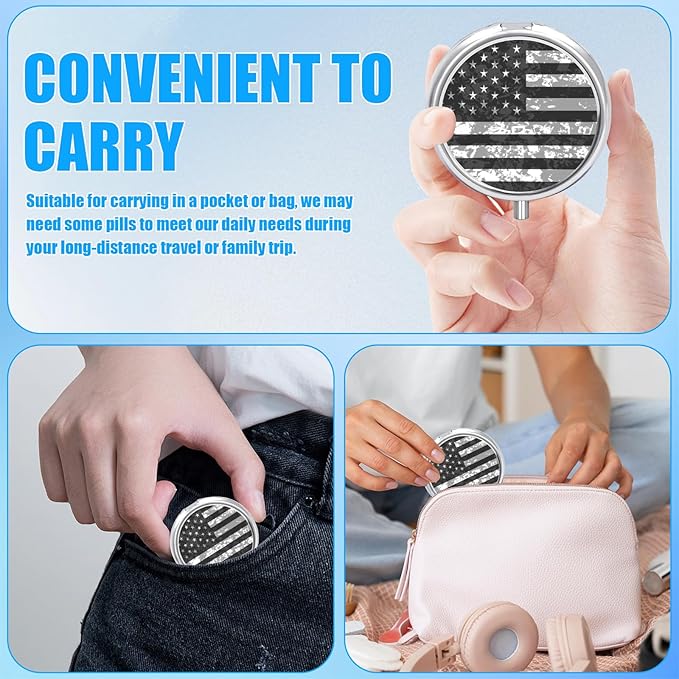 Pill Box, 3 Compartments Small Pill Case Travel Portable Metal Medicine Box with Mirror Mini Container for Purse Pocket Women Men（Black Camo American Flag）