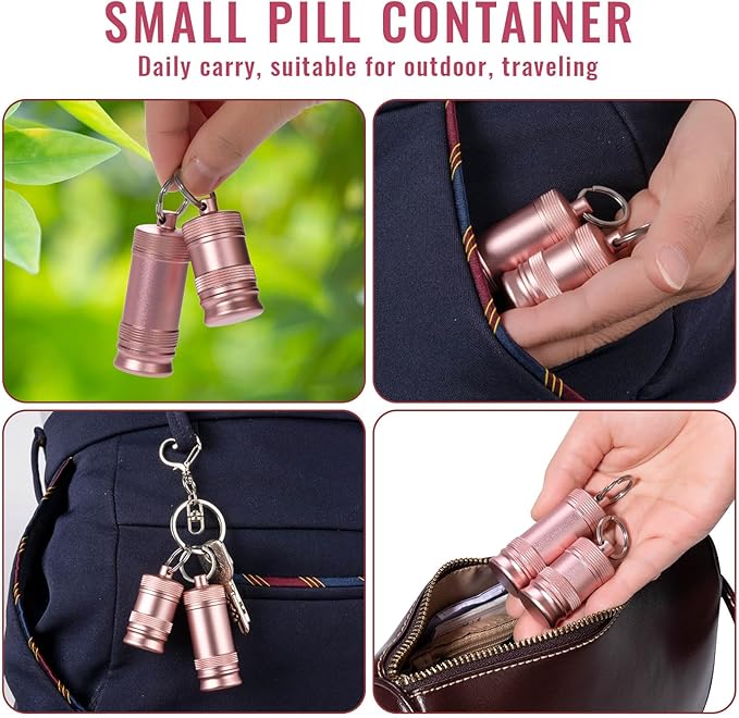 Portable Keychain Pill Holder Case - Small Waterproof Aluminium Alloy Portable Pill Box, Metal Pill Container for Purse Daily Medicine Carrier Organizer Bottle for Outdoor Camping Travel 2 Pack Pink