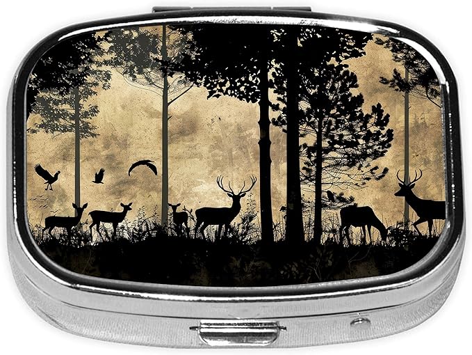 Pill Box-2 Compartment Small Pill Case Square Organizer Case with Mirror Portable Metal Medicine Box Travel Container for Pocket & Purse Women Men（Deer Pine Tree）