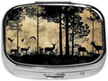Pill Box-2 Compartment Small Pill Case Square Organizer Case with Mirror Portable Metal Medicine Box Travel Container for Pocket & Purse Women Men（Deer Pine Tree）