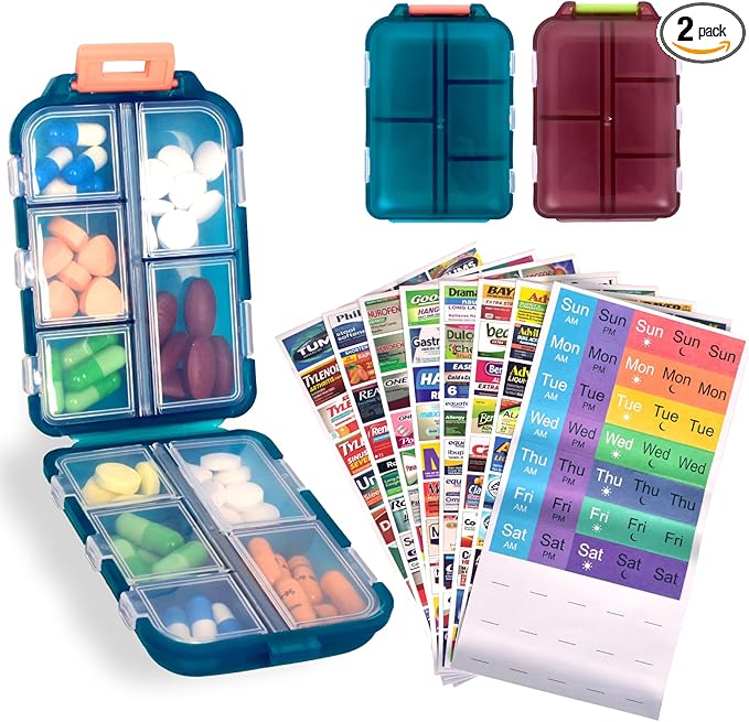 2 Pcs Travel Pill Organizer with Labels, Portable Travel Medicine Daily Pill Container Organizer 7 Day Pill Case Storage Vitamin Fish Oil (Blue & Red, 320 Medicine Lables)