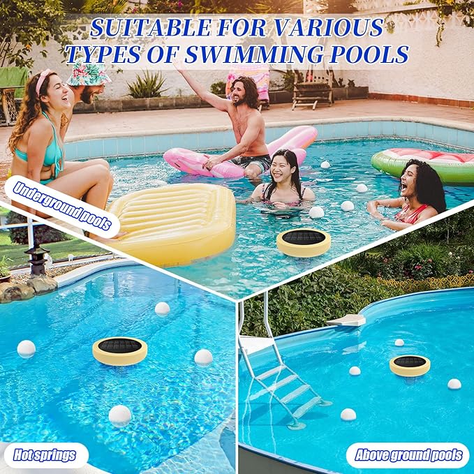 Qualirey Solar Pool Ionizer Automatic Floating Water Cleaner and Purifier, 90% Less Chlorine, with 4 Pcs Scum Eliminating Ball, up to 45, 000 Gallons for Fresh, Salt Water Pools and Spas (Yellow)