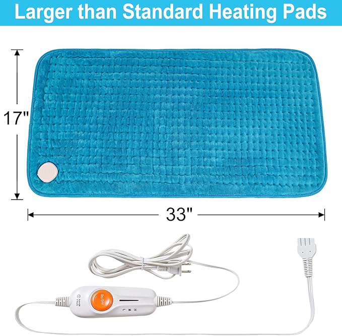 Boileau Electric Heating Pad for Back Pain and Period Cramps Relief, 17"x33" Extra Large XXXL, 3 Heating Levels Heat Pad with 2-Hour Auto Shut Off, Gifts for Women and Mom, Blue