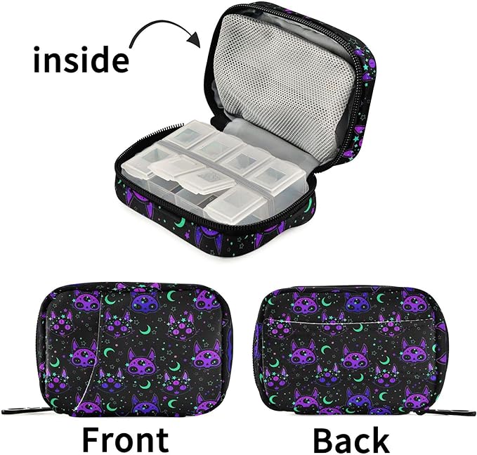 Travel Pill Organizer Bag Weekly Pill Organizer Case Goth Skull Cat Moon Portable Small Daily Pill Boxes for Vitamin Fish Oils Supplement Holder with Zipper Compact Size