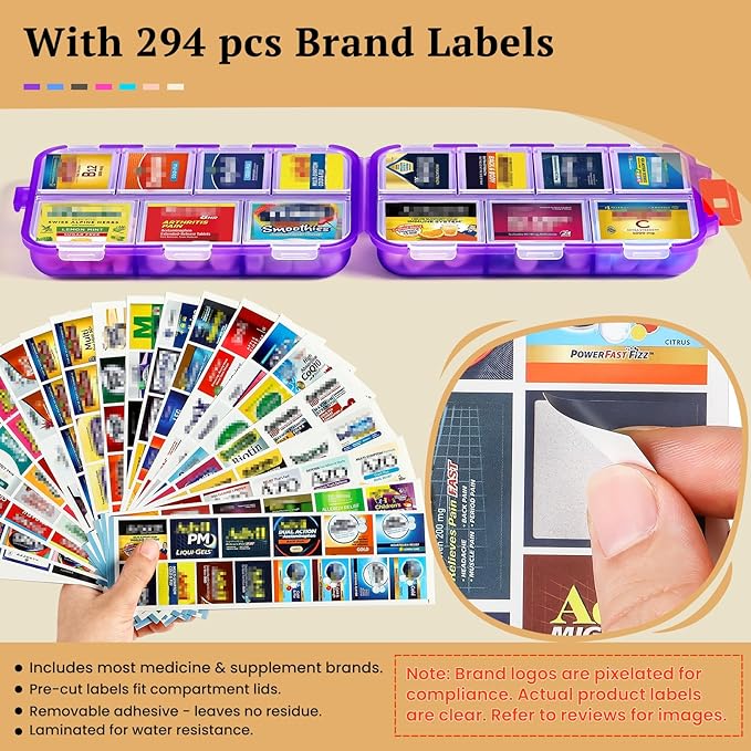 Travel Pill Organizer with Bulk Stickers & Labels - Small & Portable Daily Medicine Pharmacy for Pocket, Bag - 14-Compartment Foldable Supplement Box Holder for Fish Oil Vitamin - Clear Purple