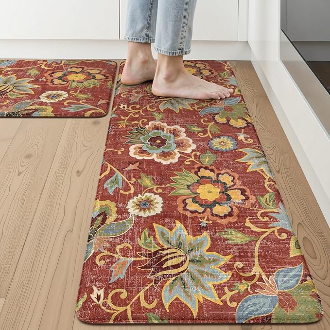 LEEVAN Anti Fatigue Mats for Kitchen Floor 2 Piece,Cushioned Memory Foam Red Kitchen Mats for Floor,Comfort Floral Boho Non Slip Kitchen Floor Mat for Sink,Laundry,Office(17''x29''+17''x47'')