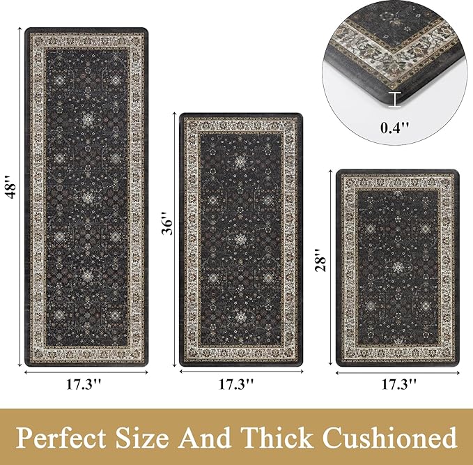Pauwer Anti Fatigue Kitchen Floor Mats Set of 3, PVC Foam Padded Kitchen Rugs, Non Slip Cushioned Comfort Standing Mat, Waterproof Sink Rug for Small Kitchen Area, Laundry Room, Black