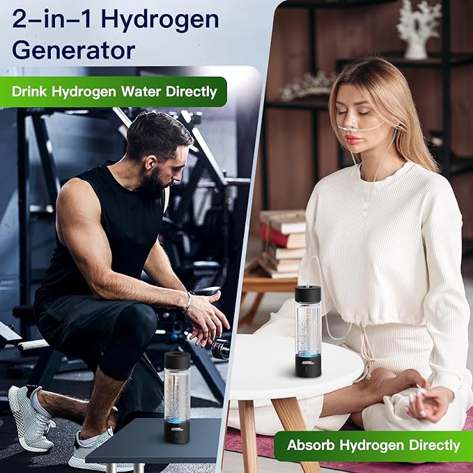 Hydrogen Water Bottle Generator, 2500ppb Portable Water Ionizer Machine with SPE/PEM Technology in 3-Minute Electrolysis, Rechargeable Hydrogen Rich Glass Cup for Home Office Travel & Fitness, Black
