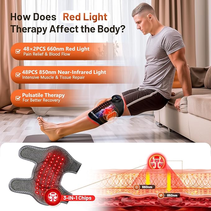 Red Light Therapy Knee Brace, Vibration Knee Massage with Extension Band, Wireless Rechargeable Controller,660nm and 850nm Near Infrared Light Therapy Device for Knee/Elbow/Shoulder Pain Relief