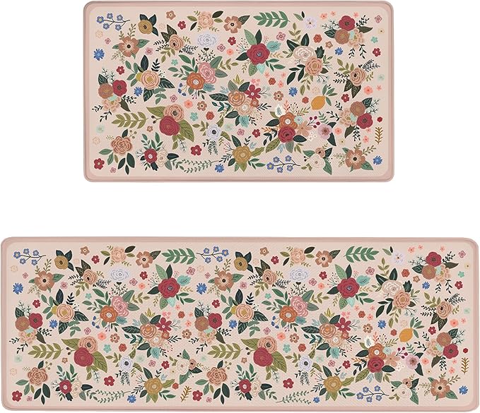 Anti Fatigue Boho Kitchen Rugs Set of 2, Floral Kitchen Mats for Floor, Farmhouse Kitchen Decor, Anti-Slip and Anti-Fatigue Foam Standing Mat,17x30 inch Sink Mat+17x48 inch Runner Rug Pink