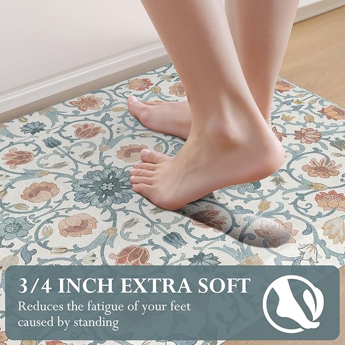 KIMODE Comfort Kitchen Mats for Floor Cushioned Anti Fatigue,Farmhouse Floral Spring Sink Rug Non Slip for Laundry,Extra Thick Memory Foam Padded Standing Desk Carpet for Office,Blue/White