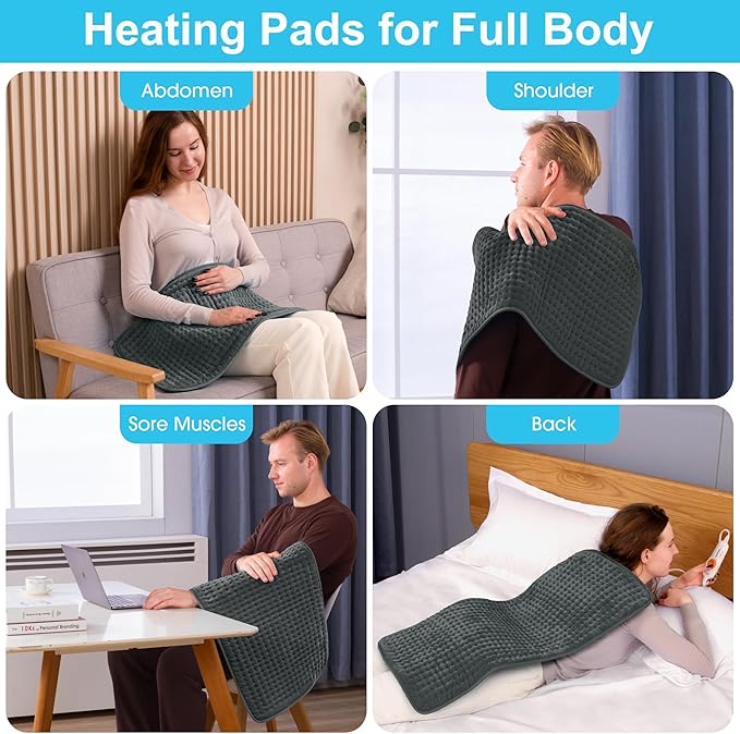 Boileau Electric Heating Pad for Back Pain and Period Cramps Relief, 17"x33" Extra Large XXXL, 3 Heating Levels Heat Pad with 2-Hour Auto Shut Off, Gifts for Women and Mom, Grey