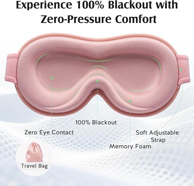 YFONG Sleep Mask for Lash Extensions, Bamboo Viscose & 100% Blackout Eye Mask for Sleeping Women Men, Soft 3D Contoured Zero Eye Pressure Blindfold for Travel, Breathable & Adjustable Eye Cover, Pink