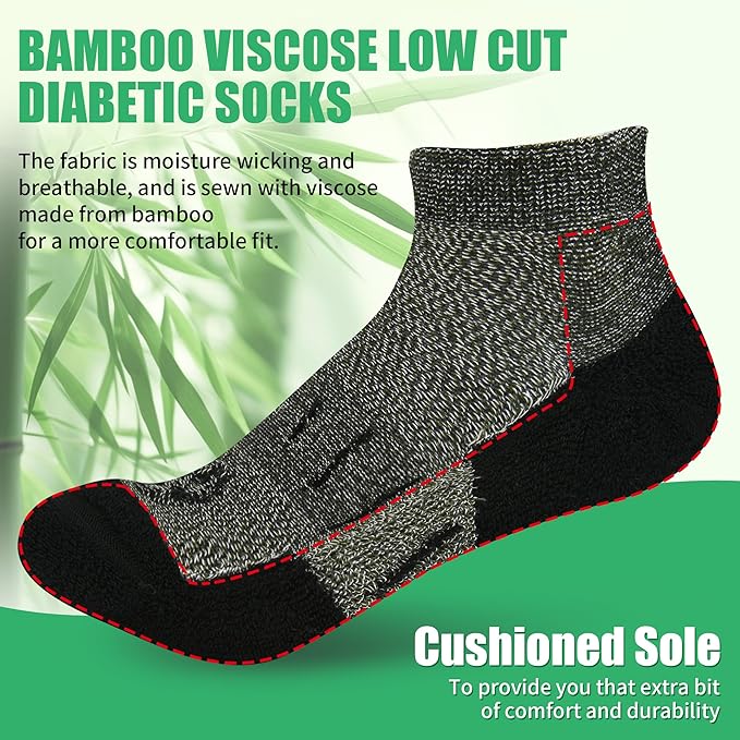 Diabetic Socks for Men,4 & 6 Pairs Low Cut Bamboo Viscose Wide Mens Diabetic Socks Size 9-11 10-13