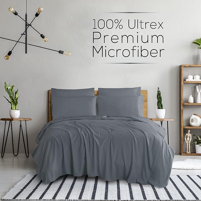 Mueller Luxury 6 PC Full Size Bed Sheets, Super Soft 1800, Deep Pocket up to 16" Full Size Sheets, Transfers Heat, Breathes Better, Hypoallergenic, Wrinkle-Resistant, Oeko-TEX, Light Grey