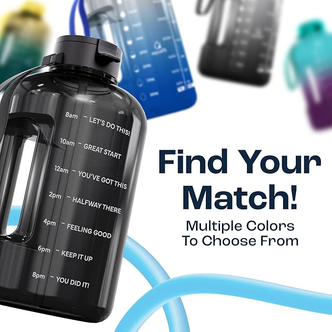 AQUAFIT 128 oz Water Bottle with Time Marker - Straw & Chug Lid - BPA Free 1 Gallon Gym Water Bottle with Handle - Big Gallon Jug (Clarity, 128 Ounces)