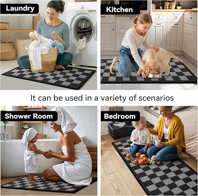 Kitchen Mats for Floor Kitchen Rugs Non Slip Washable, Super Absorbent Linen-Look Woven Runner Rug, Kitchen Sink Mat Standing Mat, Black Gray Checkered 17"x47"