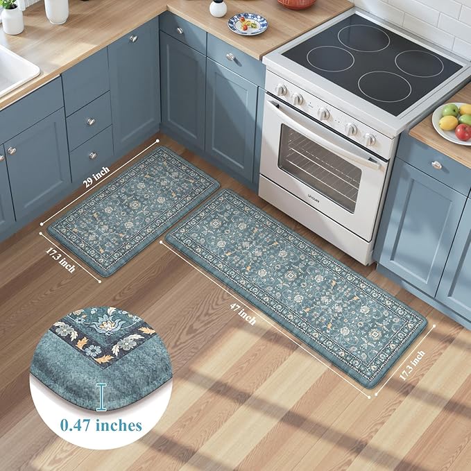 KIMODE Kitchen Floor Mats Cushioned Anti Fatigue,Comfort Memory Foam Kitchen Mats for Floor 2 Piece,Boho Vintage Floral Kitchen Rug Non Slip for Laundry Sink Office Home Decor,Blue