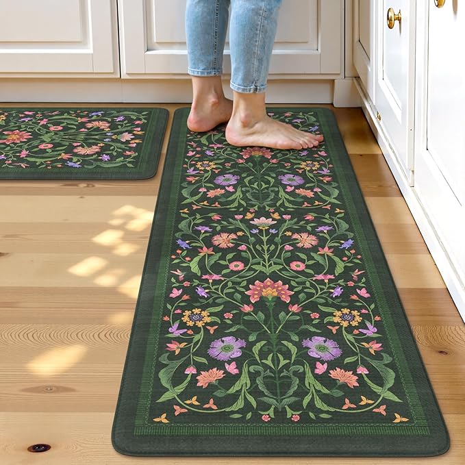 Collive Kitchen Mats for Floor, Cushioned Anti Fatigue Mat Green Floral Rugs 2 Piece Non Skid Waterproof Sink Rug, Memory Foam Comfort Standing Mat for Office, Laundry, Desk, 17.3"x29"+17.3"x47"