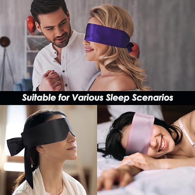 FRESHME Satin Eye Mask - Breathable Sleep Mask Adjustable Soft Eye Cover Blindfold for Yoga Valentine's Day Gift Travel Nap Night Sleep Eye Mask for Women Men Side Sleeper Black and Purple 160cm/63in