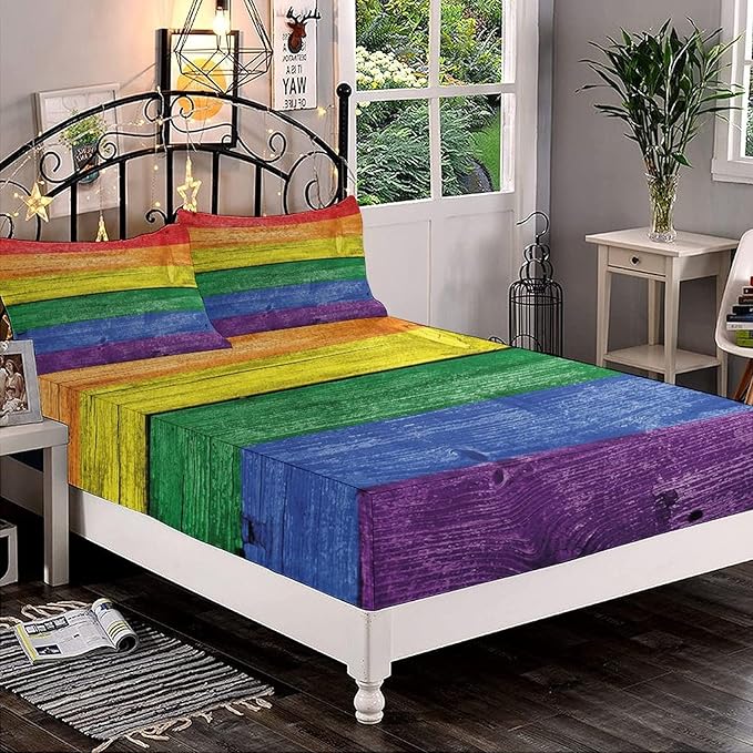 XISUNYA Decorative Bedding Sheet Set Cal-King Size, Rainbow Deep Pockets Fitted Sheet & 2 Pillow Sham Set, Old Tainted Wooden Planks Pride Theme Vintage Print Microfiber 3pc Bed Sheets Set