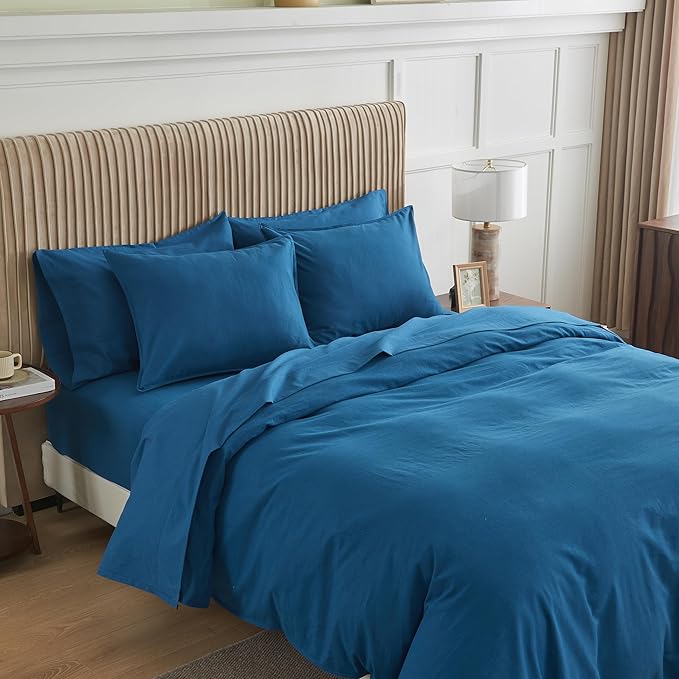 Simple&Opulence Belgian Linen Sheet Set Solid Color - 6 Pieces (1 Flat Sheet & 1 Fitted Sheet & 4 Pillowcases) 16" Deep Pocket Natural Flax Cotton Blended Soft Bedding - Navy Blue, Queen Size