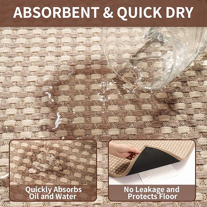 Kitchen Mat Kitchen Rugs Sets of 2 PCS Non Slip Washable, Super Absorbent Soft Braided Kitchen Mats for Floor, Rubber Backing Comfort Standing Kitchen Sink Mat Runner Rug, Brown 17"x28"+17"x47"