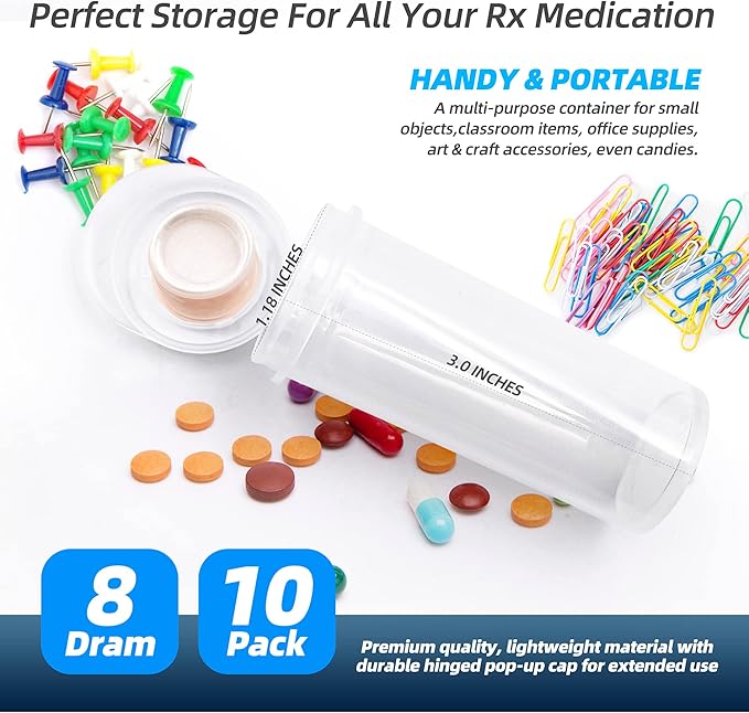 Pill Bottle with Desiccant Cap, Medicine Bottle, Pill Bottles Empty with Caps, Empty Pill Bottles (8 Dram, 30 Pack)