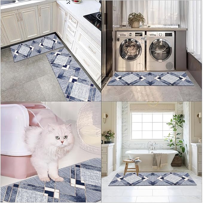 Arttown Blue Anti-Fatigue Kitchen Rug Set of 2 Navy Grey Geometric Gold Line Vintage Cushioned Floor Standing Mat Waterproof Non-Slip Kitchen Mat and PVC Ergonomic Comfort Foam Rug