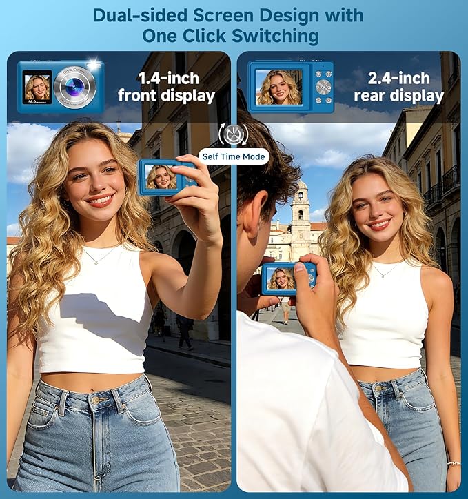 Digital Camera, 2026 Upgraded 56MP Dual Screens Camera for Selfies, 16X Zoom Travel Cameras with 32GB SD Card, Anti Shake Compact Vlogging Cameras for Boys Girls Kids Teens Adults