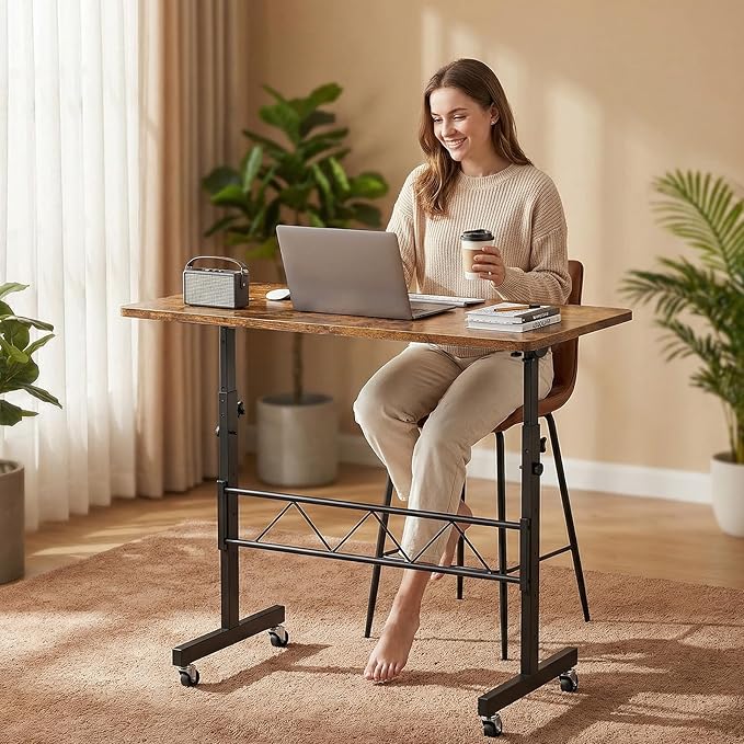 GTPLAYER Small Standing Desk Adjustable Height, 30.7"-46.4" Portable Computer Table Mobile Desk Workstation Stand Up Desk with Wheels Compact Rolling Table for Home Work Treadmill Walking Pad Brown