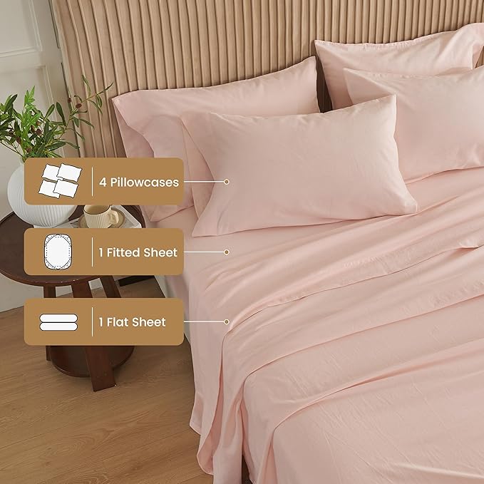 Simple&Opulence Belgian Linen Sheet Set Solid Color - 6 Pieces (1 Flat Sheet & 1 Fitted Sheet & 4 Pillowcases) 16" Deep Pocket Natural Flax Cotton Blended Soft Bedding - Pale Pink, California King