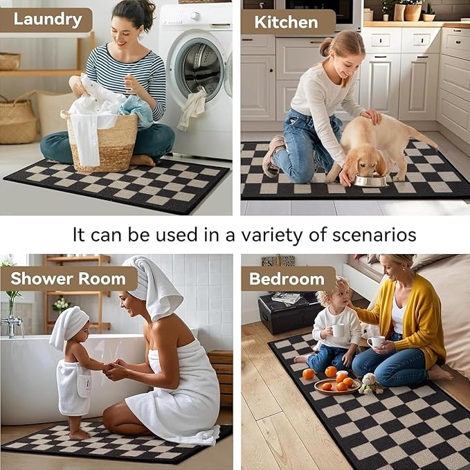 Kitchen Mats for Floor Kitchen Rugs Non Slip Washable, Super Absorbent Linen-Look Woven Kitchen Runner Rug, Sink Mat Standing Mat, Easy Clean, Black Beige Checkered 17"x47"