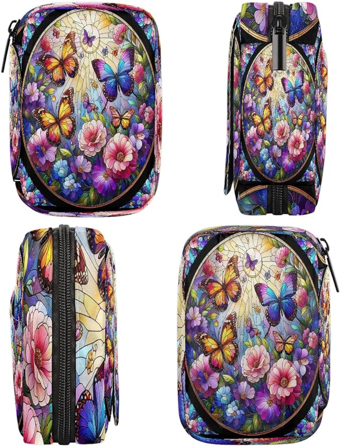 Stained Glass Butterflies Flowers Travel Pill Organizer Box Weekly Portable Pill Case Daily Pills 7 Day Small Birth Control Pills Container Removable Compartments for Medicine Vitamins Fish Oil