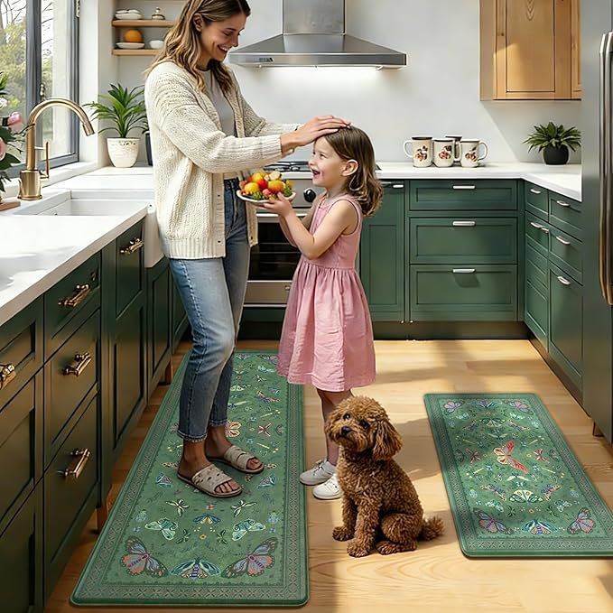 Yinhua Kitchen Rugs Sets of 2, Green Insect Kitchen Rugs Non Slip Washable, Farmhouse Anti Fatigue Mats for Kitchen Floor, PVC Waterproof Rug for Spring Summer, 18"x30"+18"x48"