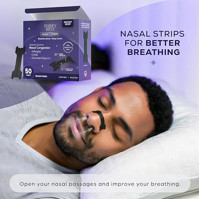 Nasal Strips for Snoring | Drug-Free Snoring Relief | Improved Breathing for Better Sleep | Skin Safe Nasal Strips | Extra Strength | Opens Nasal Passages Fast | 50 Count (Black)
