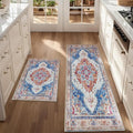 Boho Kitchen Mat Set of 2, Non Slip Blue Kitchen Rug for Floor,Vintage Farmhouse Outdoor Doormats Linen Runner Rug Washable Standing Mats for Entryway,Laundry,Office,Hallway 17”x30“+17'' x47''