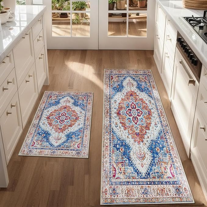 Boho Kitchen Mat Set of 2, Non Slip Blue Kitchen Rug for Floor,Vintage Farmhouse Outdoor Doormats Linen Runner Rug Washable Standing Mats for Entryway,Laundry,Office,Hallway 17”x30“+17'' x47''