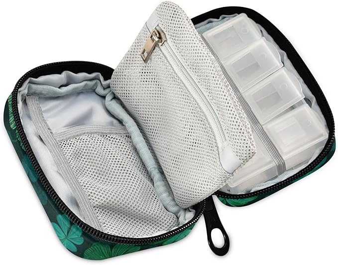 Green Vintage St Patrick's Day Clover Travel Pill Organizer Case Box Container Weekly Portable Vitamin Medicine Holder Storage Bag with Zipper Removable