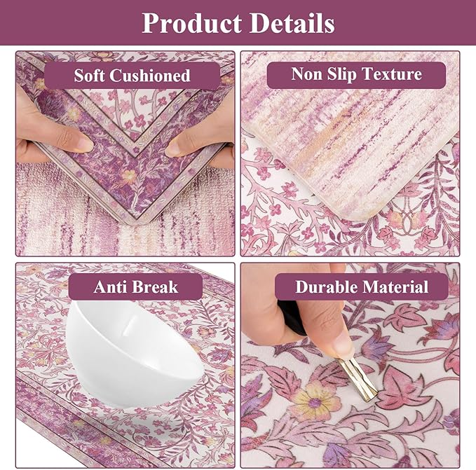 U'Artlines Kitchen Anti Fatigue Mats Sets of 2,Double-Sided Print Kitchen Mat Cushioned Comfort Standing Waterproof PVC Rugs,Pink Floral Rugs for Laundry Office Desk Sink(17"x28"+17"x47")