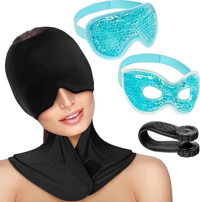 Migraine Relief 5pc Set (Incl. Headache Cap, Pressure Point Clip, Cooling Eye Masks, Neck Ice Pack Wrap) for Tension, Headaches, Stress, Hangover, Fatigue, Relaxation Self Care Gifts for Women & Men