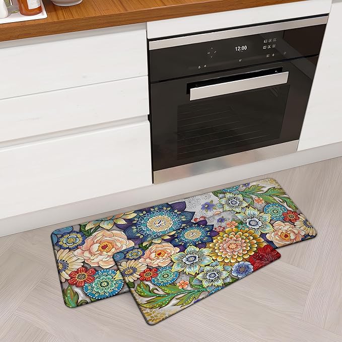 Boho Floral Kitchen Rugs Mats for Floor 2 Piece Cushioned Anti Fatigue Memory Foam Mat Non Slip Standing Desk Padded Comfort Standing Mat, 17.3x28+17.3x47 Inch - 1/2 Inch Thick