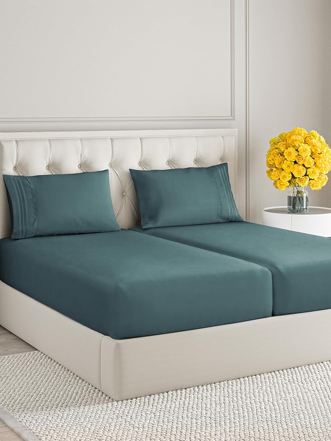 Split King Size 5 Piece Sheet Set - Extra Soft, Breathable & Cooling - Hotel Luxury Durable Bed Sheets - Deep Pockets, Easy-Fit & Wrinkle-Free - Deep Teal Oeko-Tex