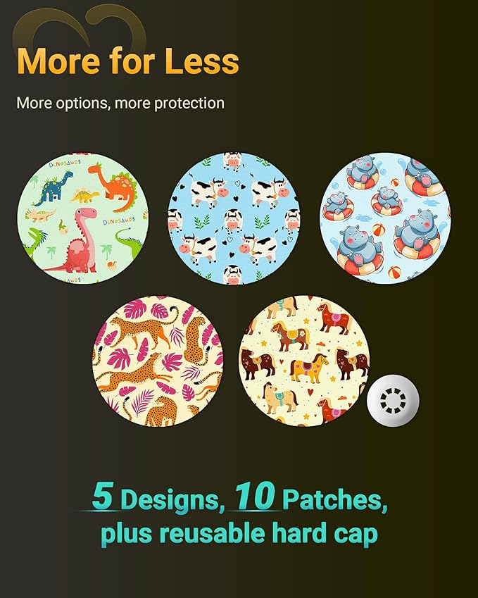 Libre 3 & Plus Sensor Covers Waterproof, 10 Pack Amolyfe Freestyle Libre 3 Covers, Bump-Proof with Hard Cap, Waterproof Breathable Medical CGM Adhesive Patches, 14-Day CGM Protection (Dinosaur)