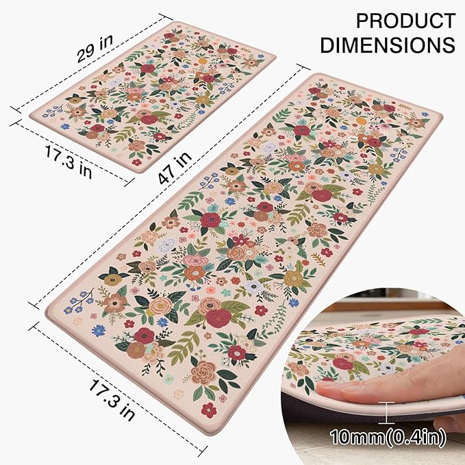 Anti Fatigue Boho Kitchen Rugs Set of 2, Floral Kitchen Mats for Floor, Farmhouse Kitchen Decor, Anti-Slip and Anti-Fatigue Foam Standing Mat,17x30 inch Sink Mat+17x48 inch Runner Rug Pink