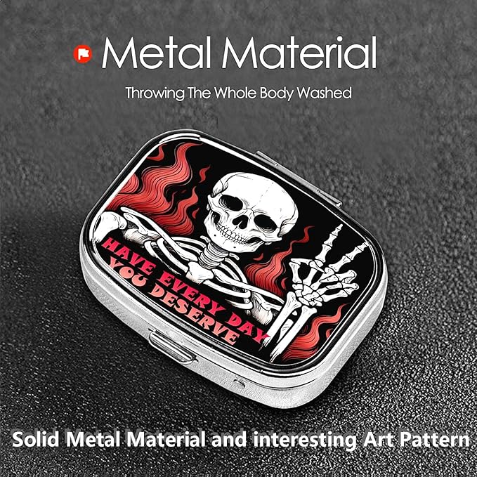 ABLESKY Pill Box, 2 Compartment Pill Organizer Case for Pocket or Purse, Small Portable Metal Travel Medicine Box with Mirror, Daily Vitamins Fish Oil Container-Skull Have Every Day You Deserve