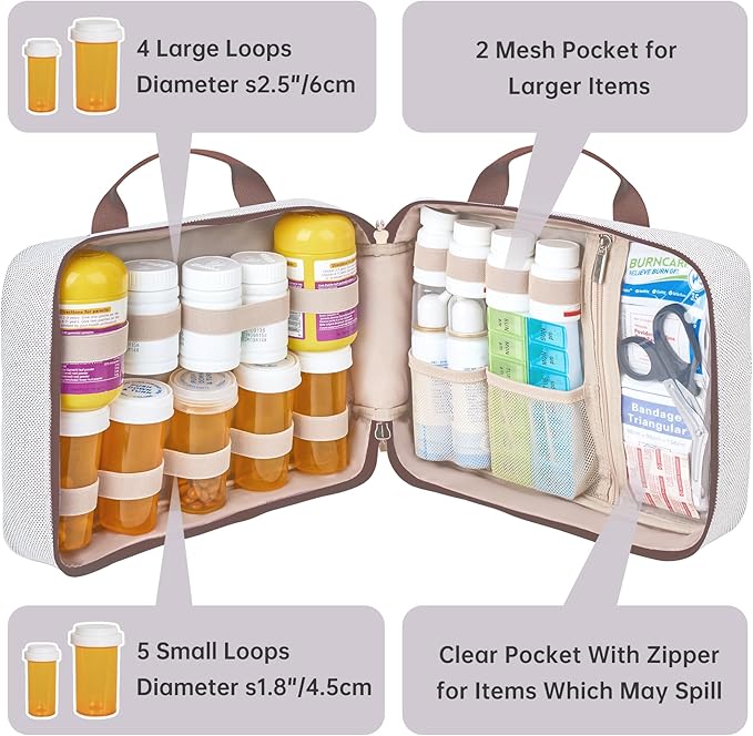 Travel Medicine Organizer Bag, Pill Organizer Case,Carrier for Medications,Vitamins,Fish Oil and Medical Supplies Pill Bottle Organizer and Home Storage Med Bag(Brown)