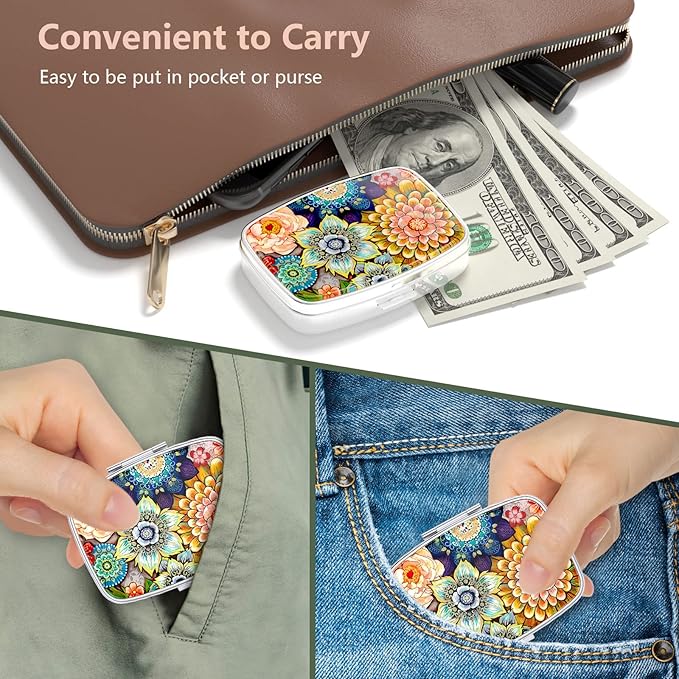 Nipichsha Pill Box, Small Pill Case for Purse & Pocket, Cute Travel Medicine Organizer, Portable Medicine Container Holder to Hold Vitamins, Medication, Fish Oil & Supplements, Mandala