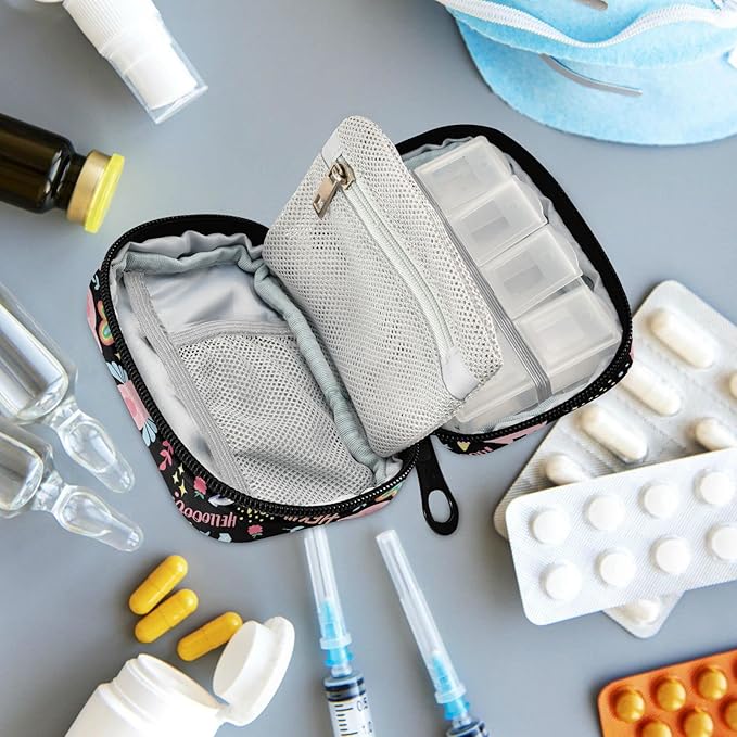 Fustylead Travel Pill Organizer Case Zipper for Purse with Removable Weekly Pill Box for Medicine, Vitamin, Supplement Medicine Organizer (Pigs)